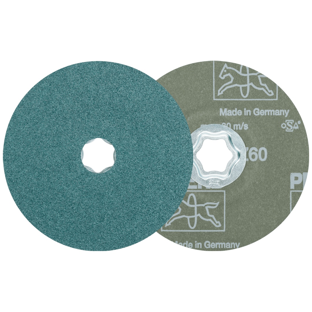 PFERD TOOLS COMBICLICK Zirkon Fiberscheibe Ø 125 mm Z60 für hohen Abtrag auf Stahl