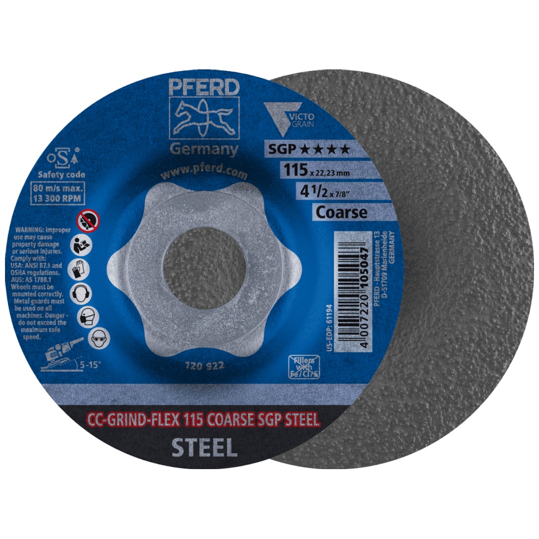 PFERD TOOLS CC-GRIND FLEX Schleifscheibe 115x22,23 mm COARSE Speziallinie SGP STEEL für Stahl