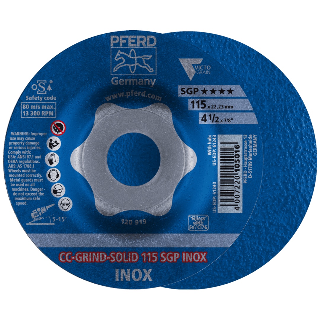 PFERD TOOLS CC-GRIND SOLID Schleifscheibe 115x22,23 mm COARSE Speziallinie SGP INOX für Edelstahl