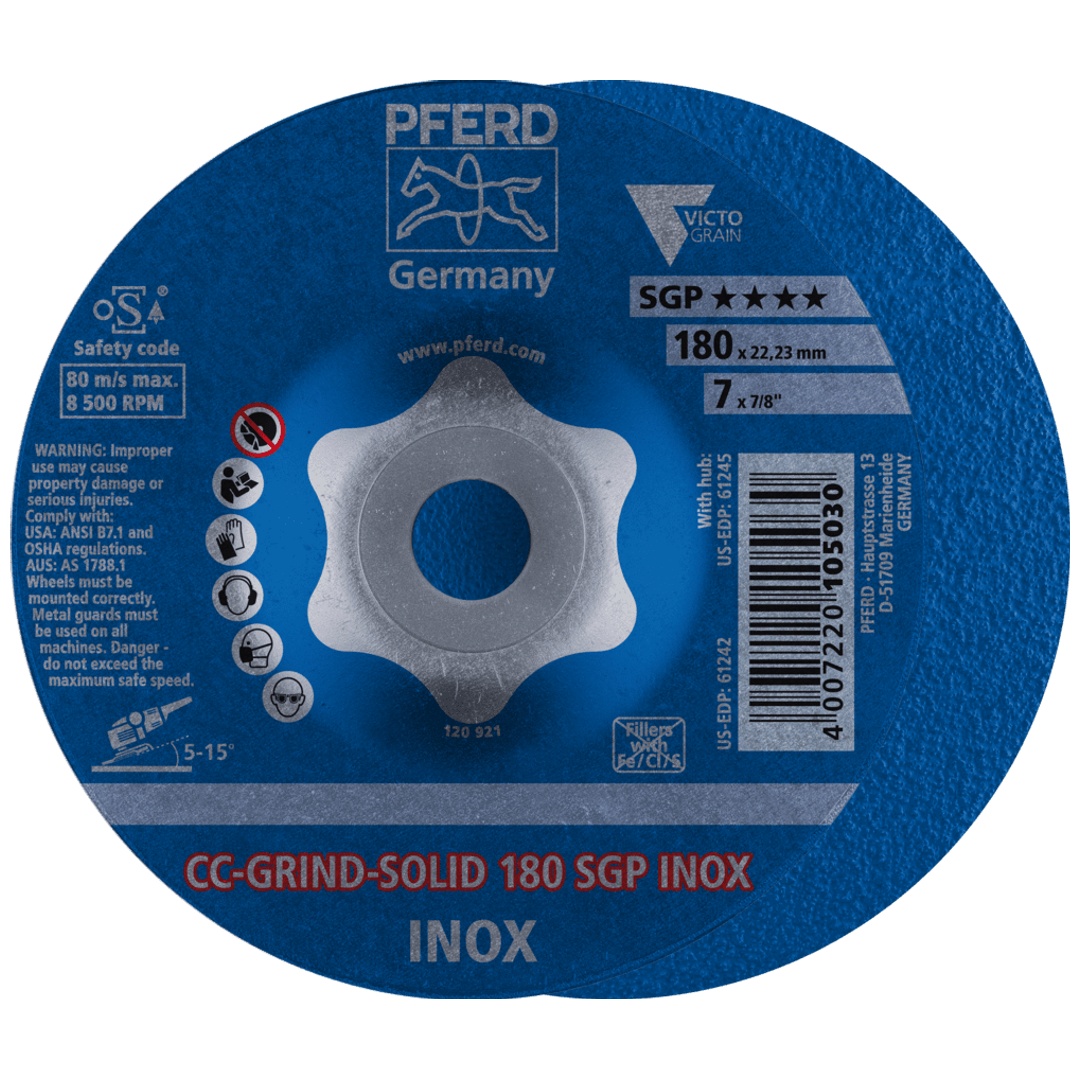 PFERD TOOLS CC-GRIND SOLID Schleifscheibe 180x22,23 mm COARSE Speziallinie SGP INOX für Edelstahl