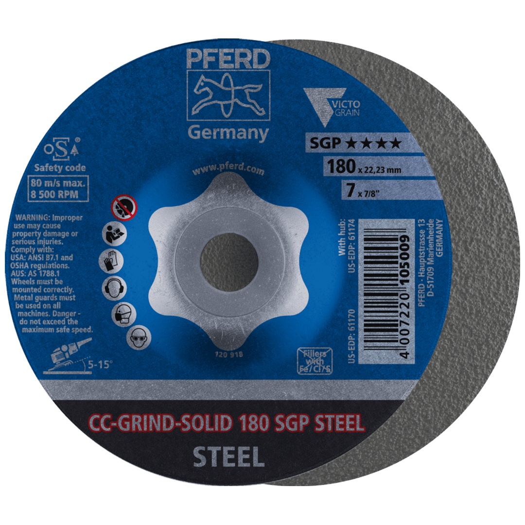 PFERD TOOLS CC-GRIND SOLID Schleifscheibe 180x22,23 mm COARSE Speziallinie SGP STEEL für Stahl