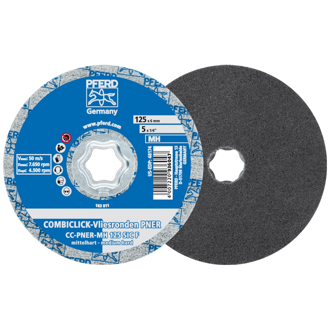 PFERD TOOLS COMBICLICK verpresste Vliesronde CC PNER Ø 125 mm Mittehart SIC Fein für Finish