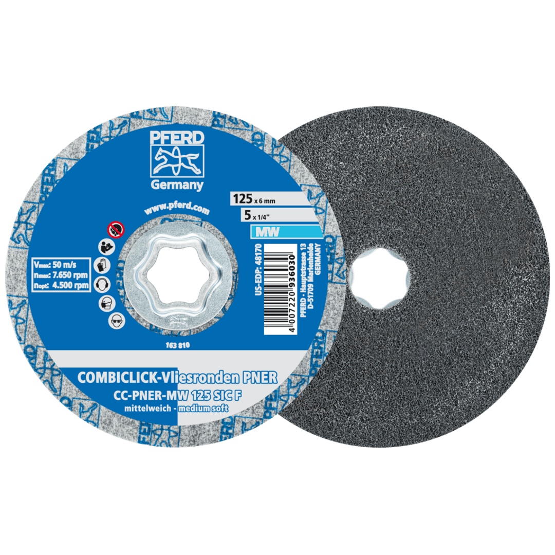 PFERD TOOLS COMBICLICK verpresste Vliesronde CC PNER Ø 125 mm Mittelweich SIC Fein für Finish