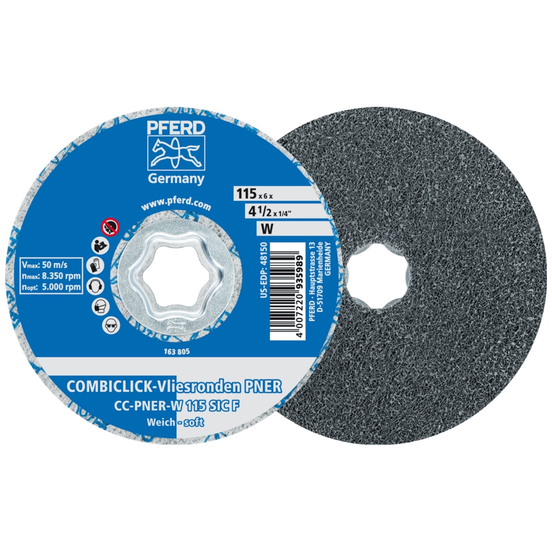 PFERD TOOLS COMBICLICK verpresste Vliesronde CC PNER Ø 115 mm Weich SIC Fein für Finish