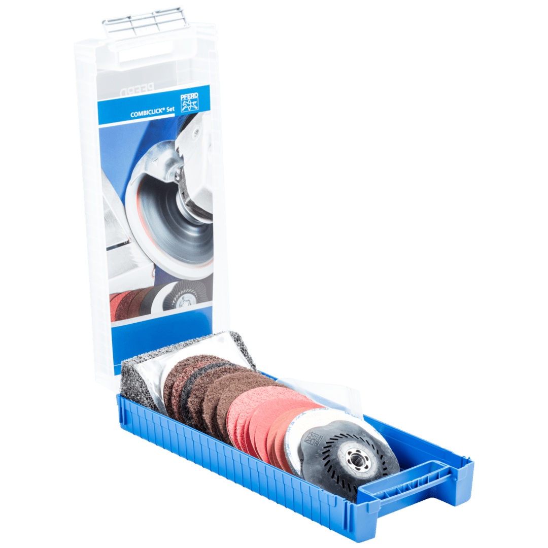 PFERD TOOLS COMBICLICK Set 19-tlg. Ø 115 mm M14 Bearbeitungen grob bis poliert mit Winkelschleifer