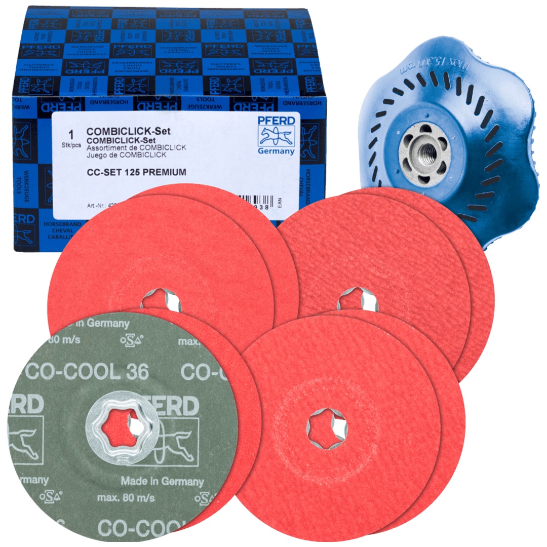 PFERD TOOLS COMBICLICK-Fiberscheiben-Set Keramikkorn Ø125mm CO-COOL 36, 60, 80, 120 mit CC-H-GT-Stützteller für Edelstahl