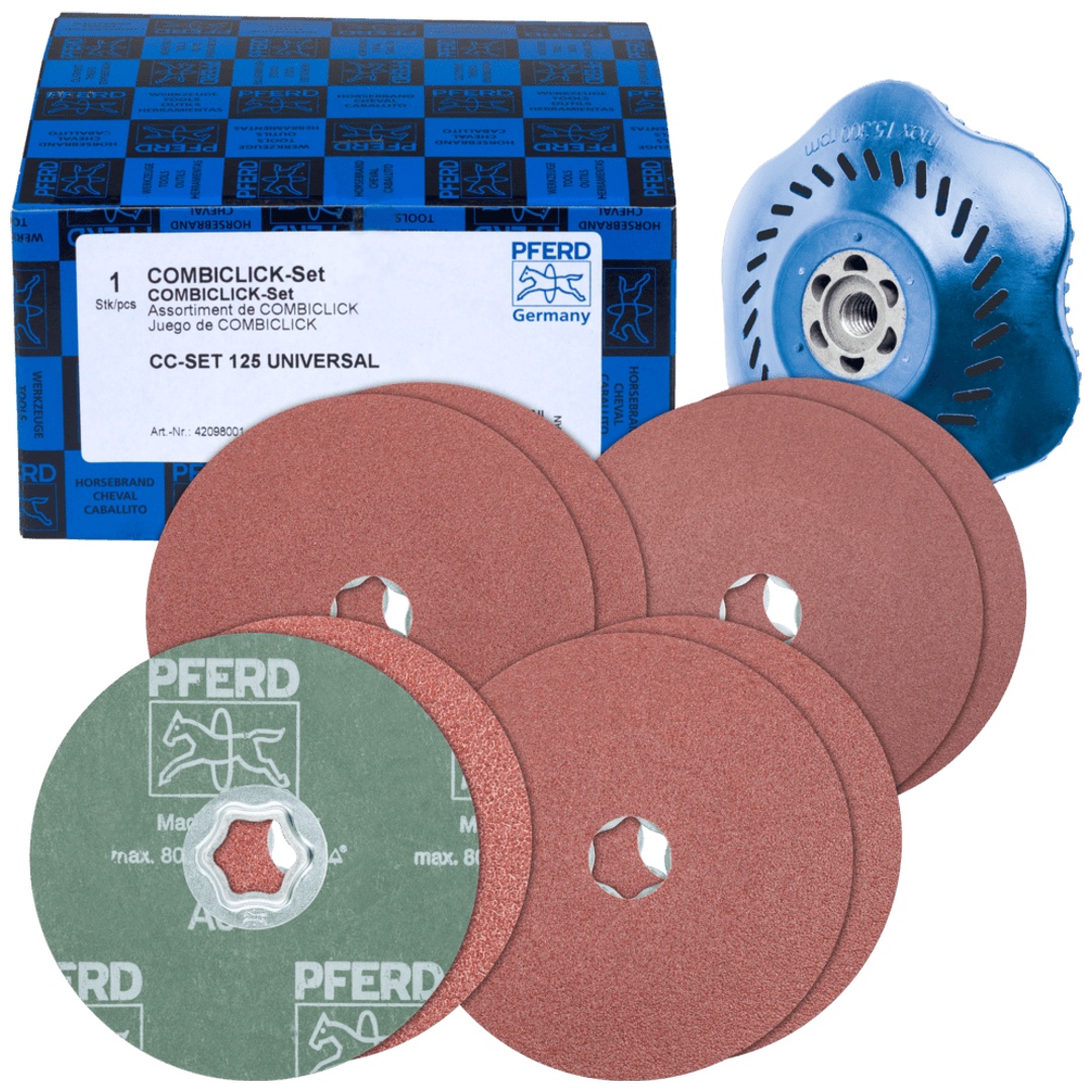 PFERD TOOLS COMBICLICK-Fiberscheiben-Set Korund Ø125mm A36, 60, 80, 120 mit CC-H-GT-Stützteller für universelle Anwendungen