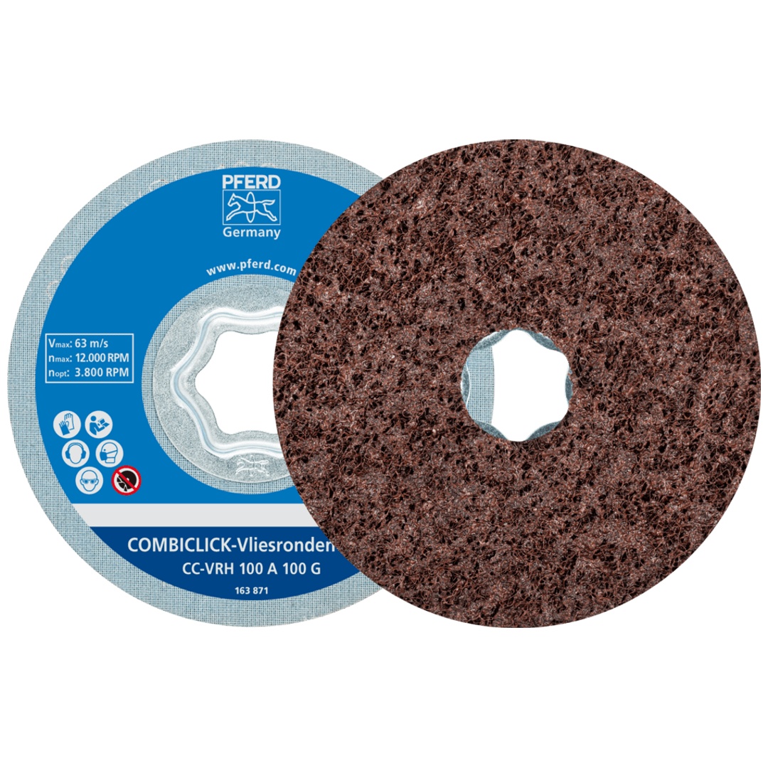 PFERD TOOLS COMBICLICK harte Vliesronde CC Ø 100mm A100G für Feinschliff und Finish mit Winkelschleifer