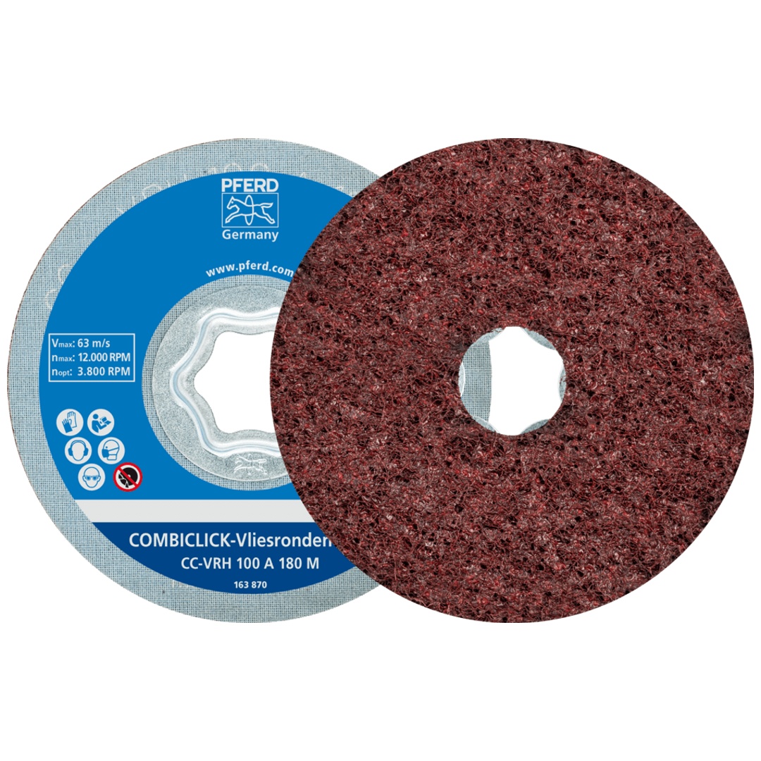 PFERD TOOLS COMBICLICK harte Vliesronde CC Ø 100mm A180M für Feinschliff und Finish mit Winkelschleifer