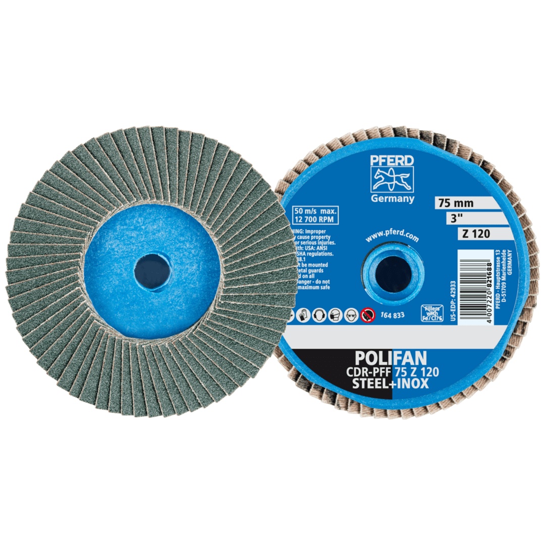 PFERD TOOLS COMBIDISC Zirkon Mini-POLIFAN CD Ø 75 mm Z120 für gehärteten Stahl