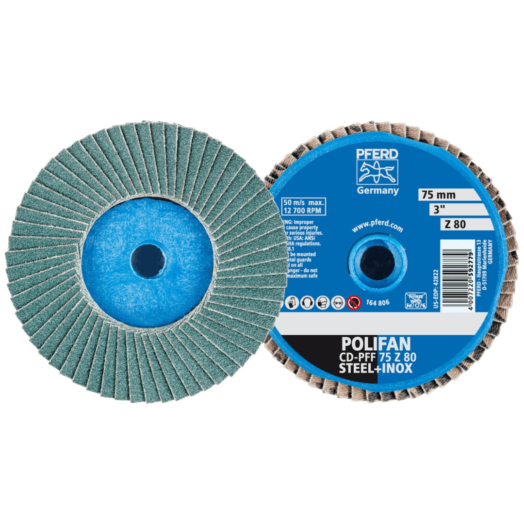 PFERD TOOLS COMBIDISC Zirkon Mini-POLIFAN CD Ø 75 mm Z80 für gehärteten Stahl