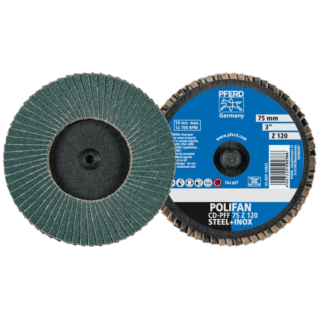 PFERD TOOLS COMBIDISC Zirkon Mini-POLIFAN CDR Ø 75 mm Z120 für gehärteten Stahl