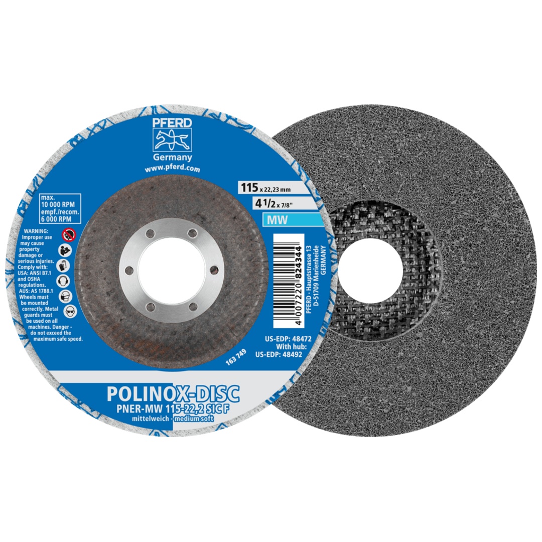 PFERD TOOLS POLINOX verpresste Vlies-Disc PNER Ø 115 mm Bohrung-Ø 22,23 mm Mittelweich SIC Fein für Finish