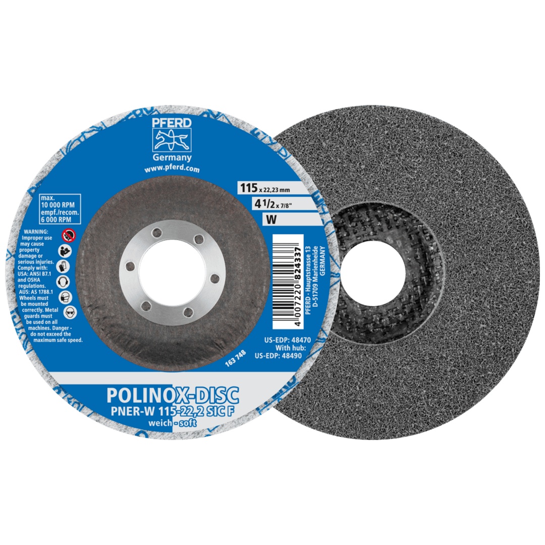 PFERD TOOLS POLINOX verpresste Vlies-Disc PNER Ø 115 mm Bohrung-Ø 22,23 mm Weich SIC Fein für Finish