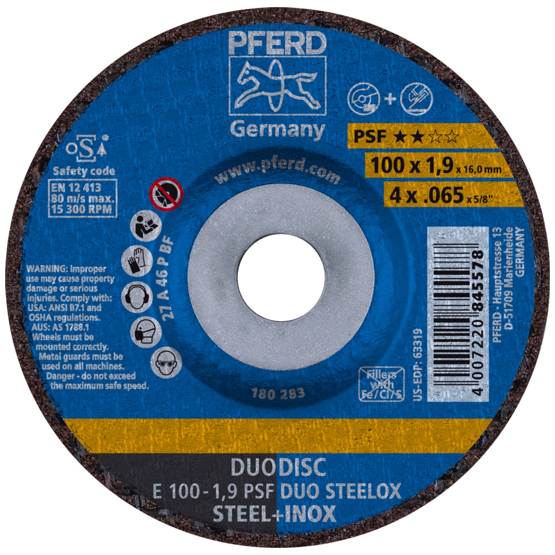 PFERD TOOLS DUODISC Trenn-/Schleif. E 100x1,9x16 mm gekr. Uni.-Linie PSF DUO STEELOX f. Stahl/Edelstahl