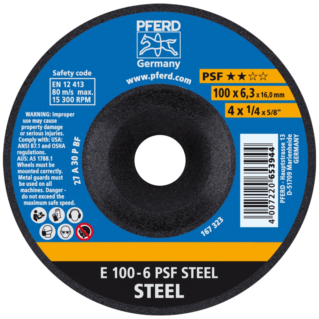 PFERD TOOLS Schruppscheibe E 100x6,3x16 mm Universallinie PSF STEEL für Stahl