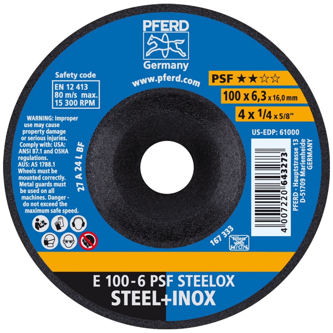 PFERD TOOLS Schruppscheibe E 100x6,3x16 mm Universallinie PSF STEELOX für Stahl/Edelstahl