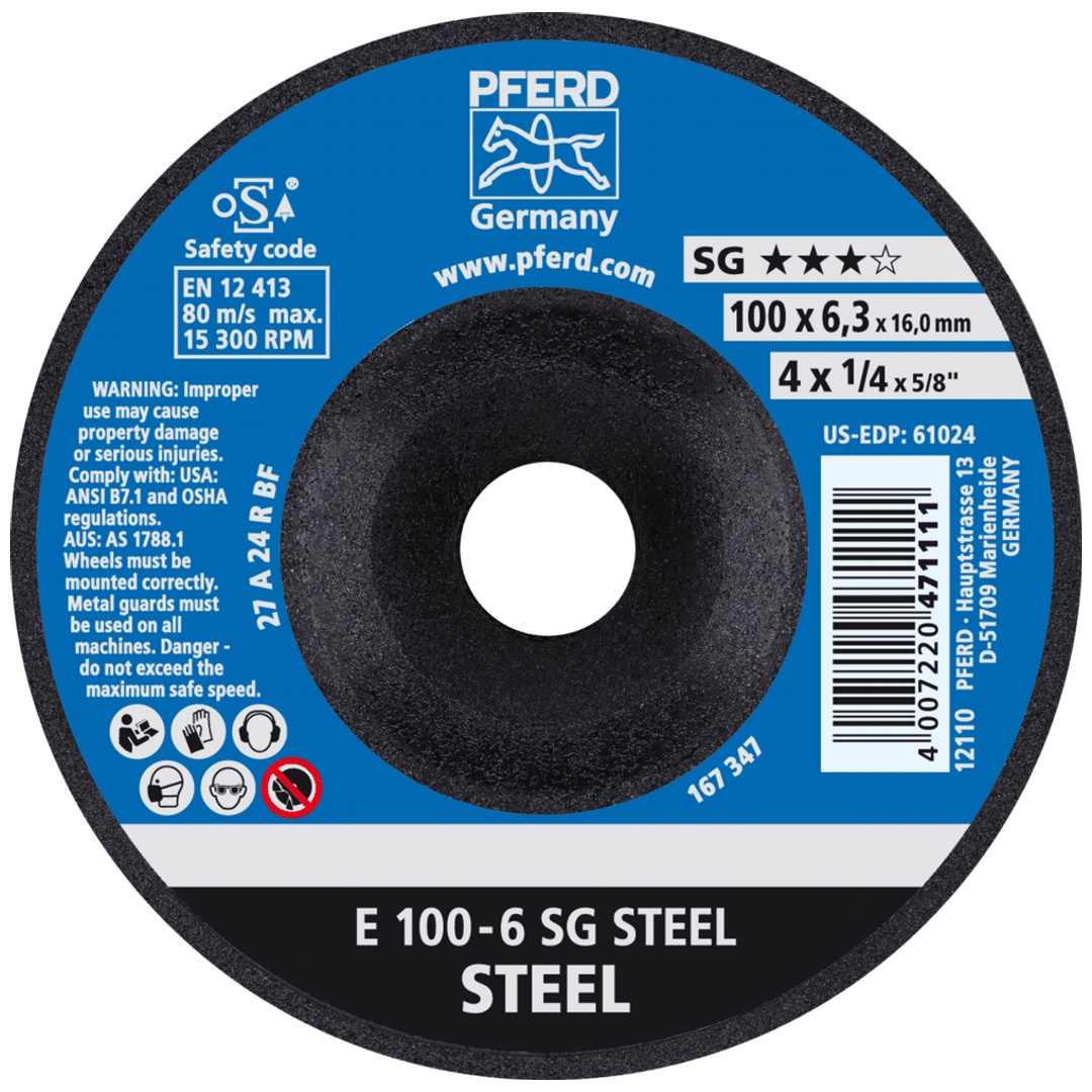 PFERD TOOLS Schruppscheibe E 100x6,3x16 mm Leistungslinie SG STEEL für Stahl