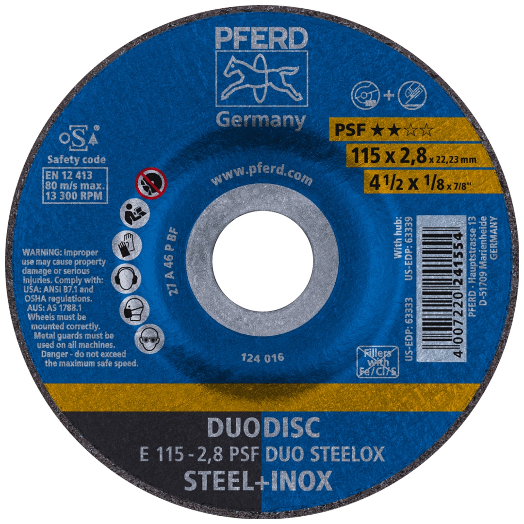 PFERD TOOLS DUODISC Trenn-/Schleif. E 115x2,8x22,23 mm gekr. Uni.-Linie PSF DUO STEELOX f. Stahl/VA