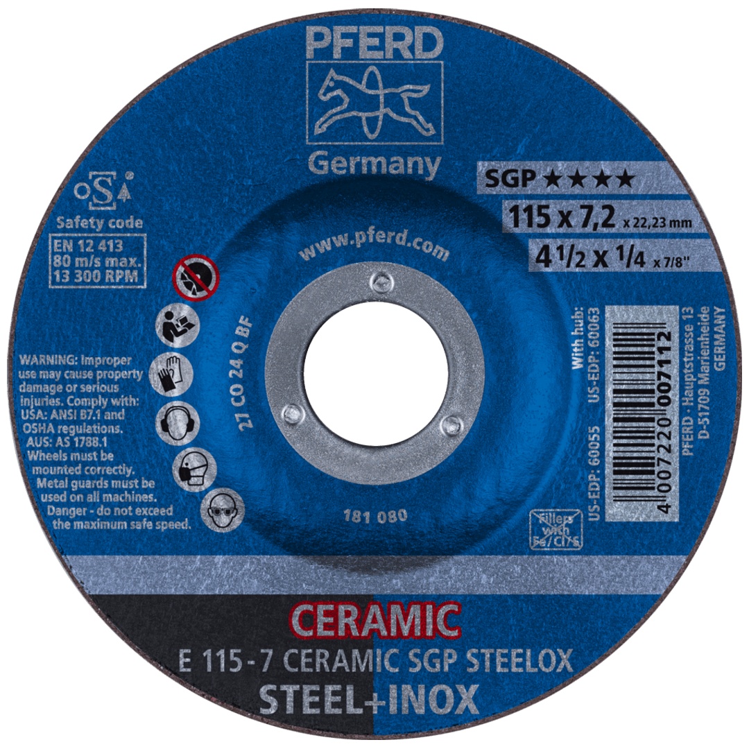PFERD TOOLS Schruppscheibe E 115x7,2x22,23 mm CERAMIC Leistungslinie SG STEELOX für Stahl/Edelstahl