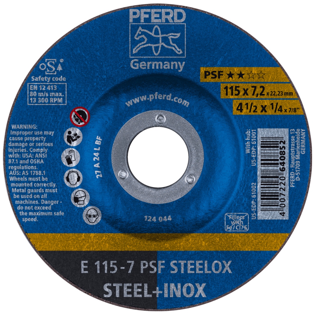 PFERD TOOLS Schruppscheibe E 115x7,2x22,23 mm Universallinie PSF STEELOX für Stahl/Edelstahl