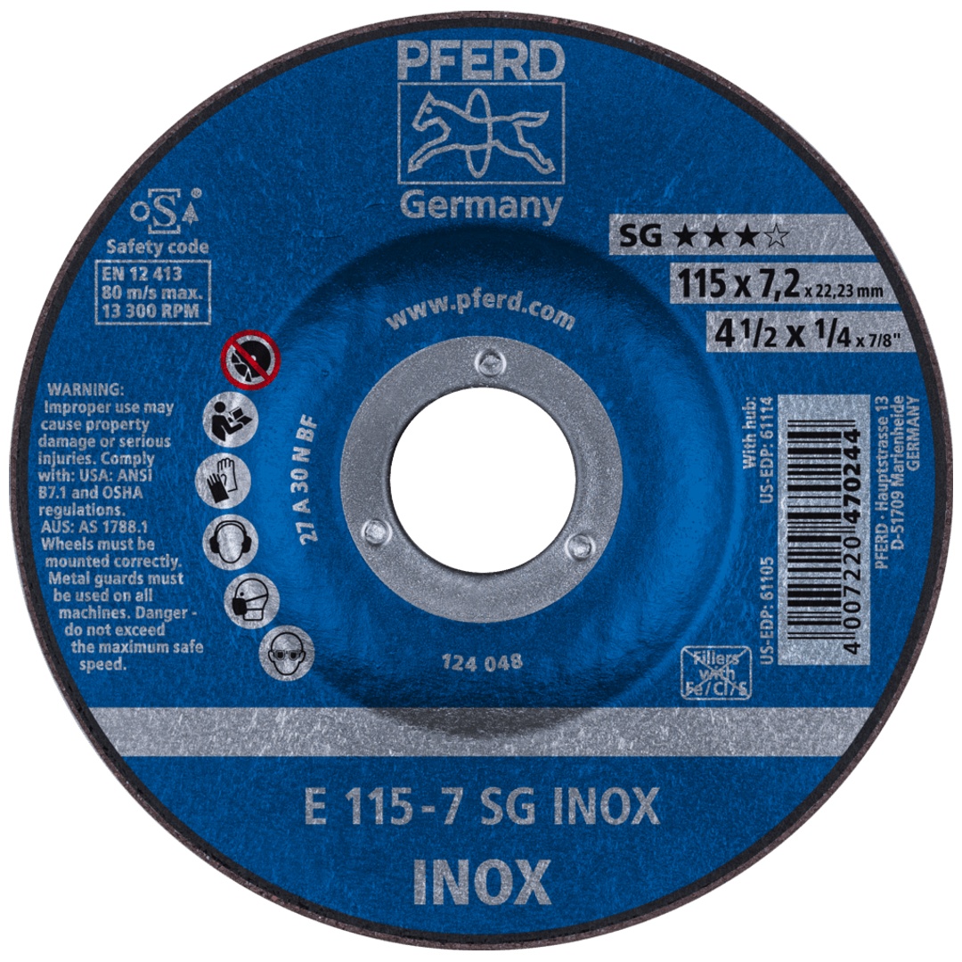 PFERD TOOLS Schruppscheibe E 115x7,2x22,23 mm Leistungslinie SG INOX für Edelstahl