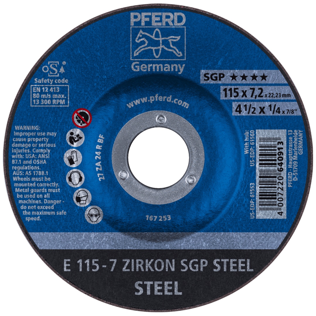 PFERD TOOLS Schruppscheibe E 115x7,2x22,23 mm ZIRKON Speziallinie SGP STEEL für Stahl