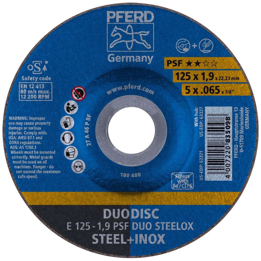 PFERD TOOLS DUODISC Trenn-/Schleif. E 125x1,9x22,23 mm gekr. Uni.-Linie PSF DUO STEELOX f. Stahl/VA