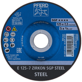 PFERD Schruppscheibe E 125x7,2x22,23 mm ZIRKON Speziallinie SGP STEEL für Stahl