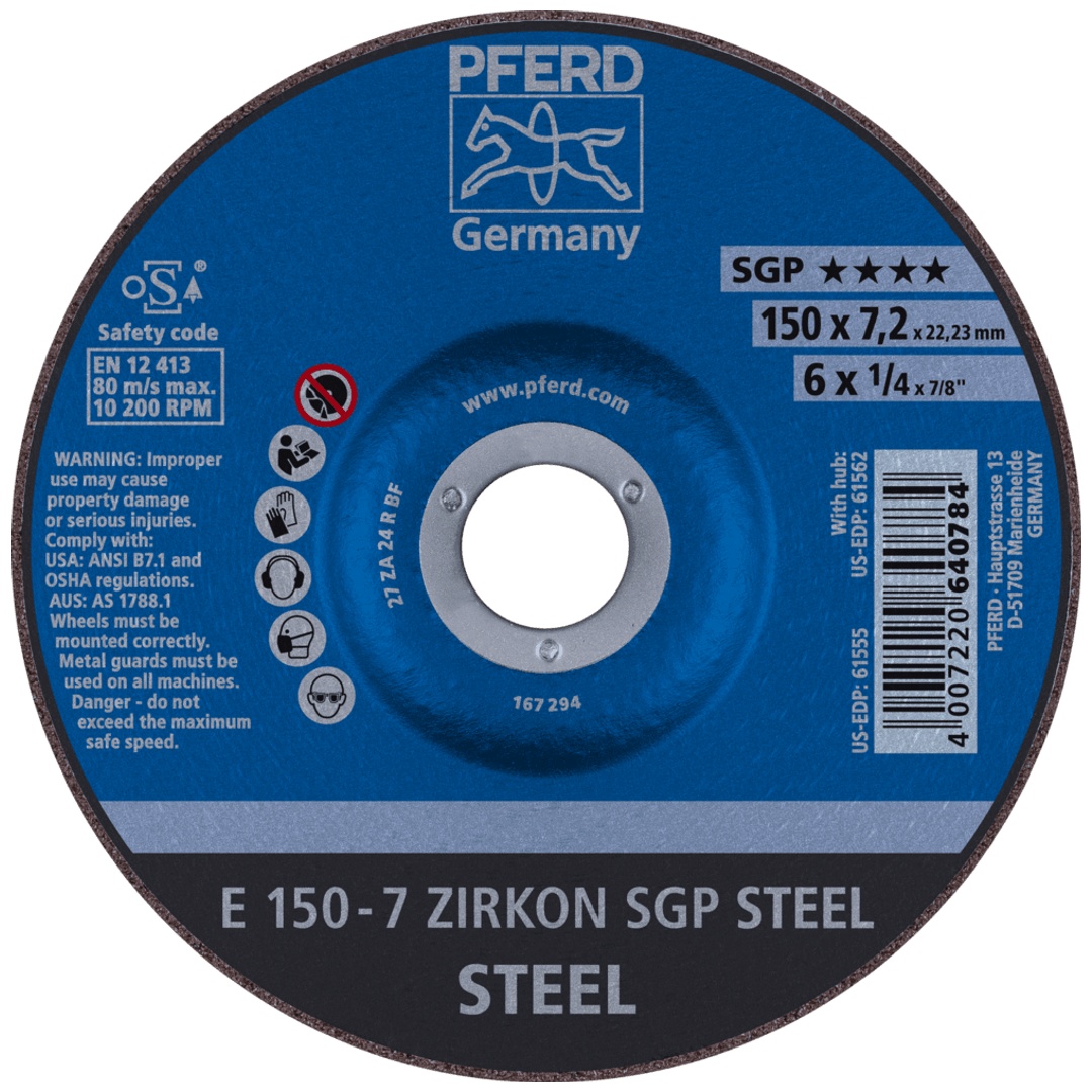 PFERD TOOLS Schruppscheibe E 150x7,2x22,23 mm ZIRKON Speziallinie SGP STEEL für Stahl