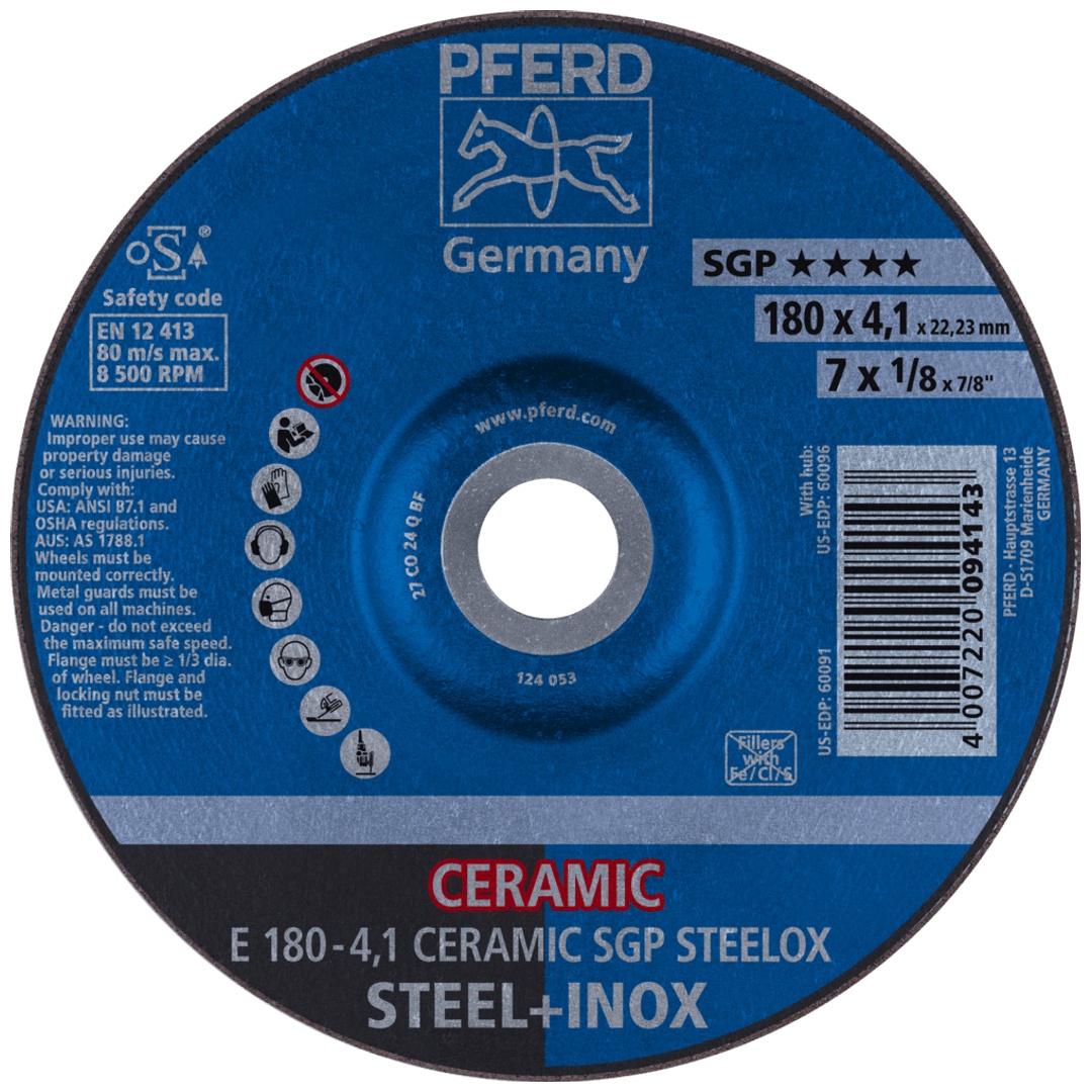 PFERD TOOLS Schruppscheibe E 180x4,1x22,23 mm CERAMIC Leistungslinie SG STEELOX für Stahl/Edelstahl