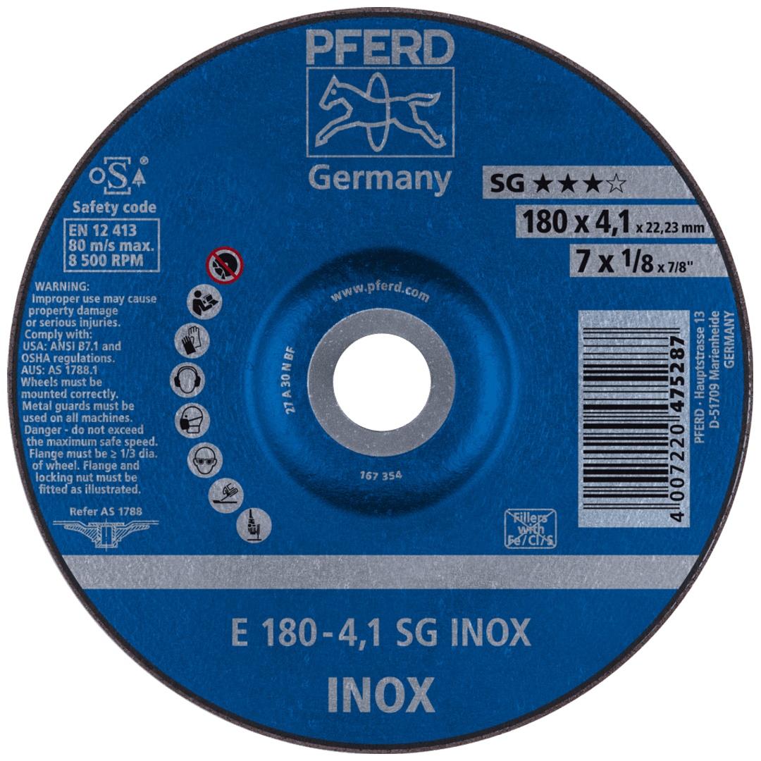 PFERD TOOLS Schruppscheibe E 180x4,1x22,23 mm Leistungslinie SG INOX für Edelstahl