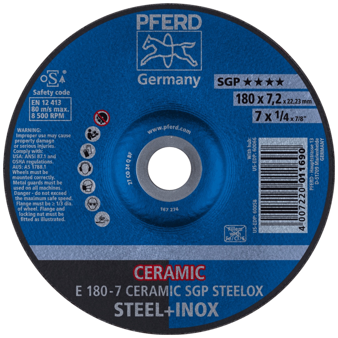 PFERD TOOLS Schruppscheibe E 180x7,2x22,23 mm CERAMIC Leistungslinie SG STEELOX für Stahl/Edelstahl