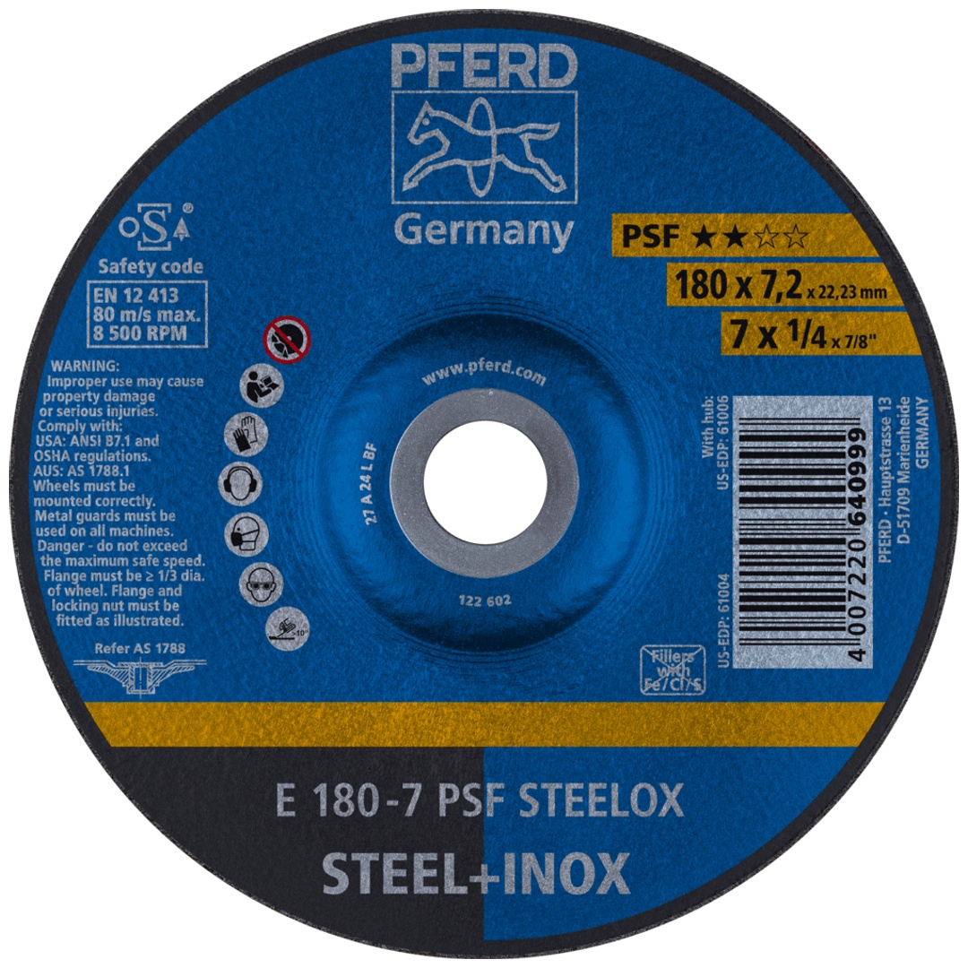PFERD TOOLS Schruppscheibe E 180x7,2x22,23 mm Universallinie PSF STEELOX für Stahl/Edelstahl