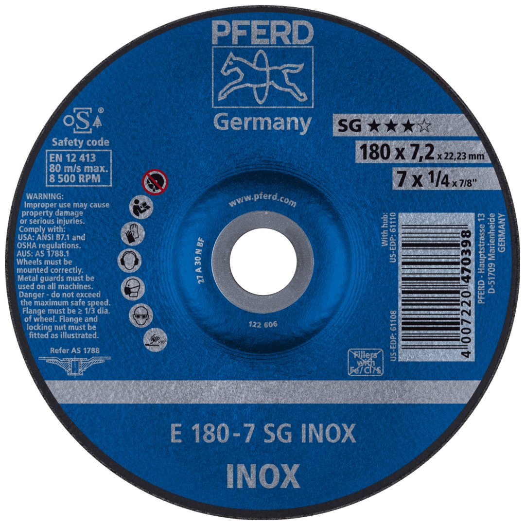 PFERD TOOLS Schruppscheibe E 180x7,2x22,23 mm Leistungslinie SG INOX für Edelstahl