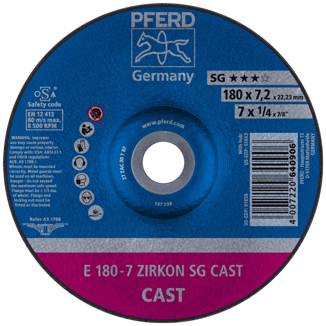 PFERD TOOLS Schruppscheibe E 180x7,2x22,23 mm ZIRKON Speziallinie SGP CAST für Guss