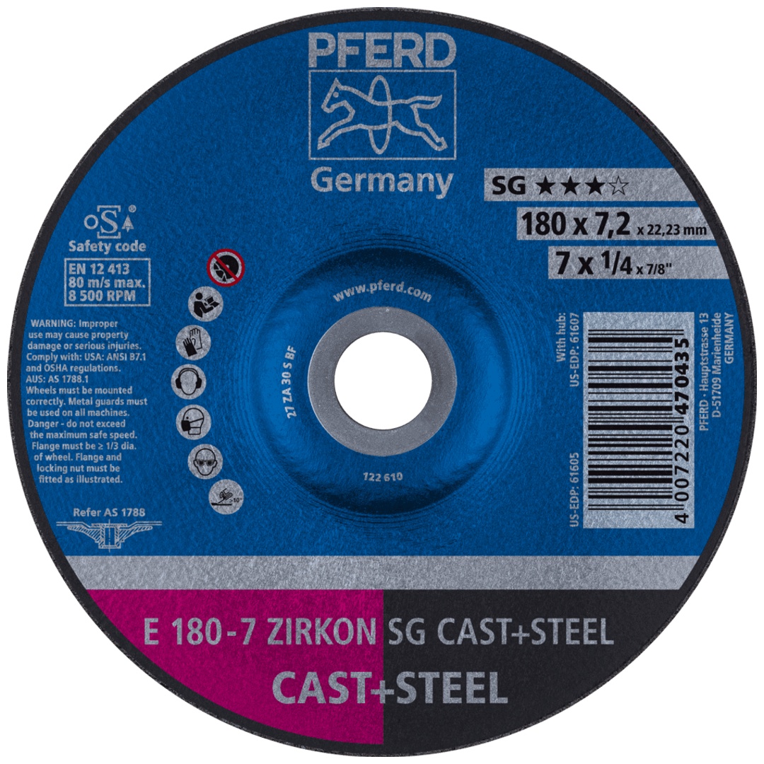 PFERD TOOLS Schruppscheibe E 180x7,2x22,23 mm ZIRKON Leistungslinie SG CAST+STEEL für Guss/Stahl