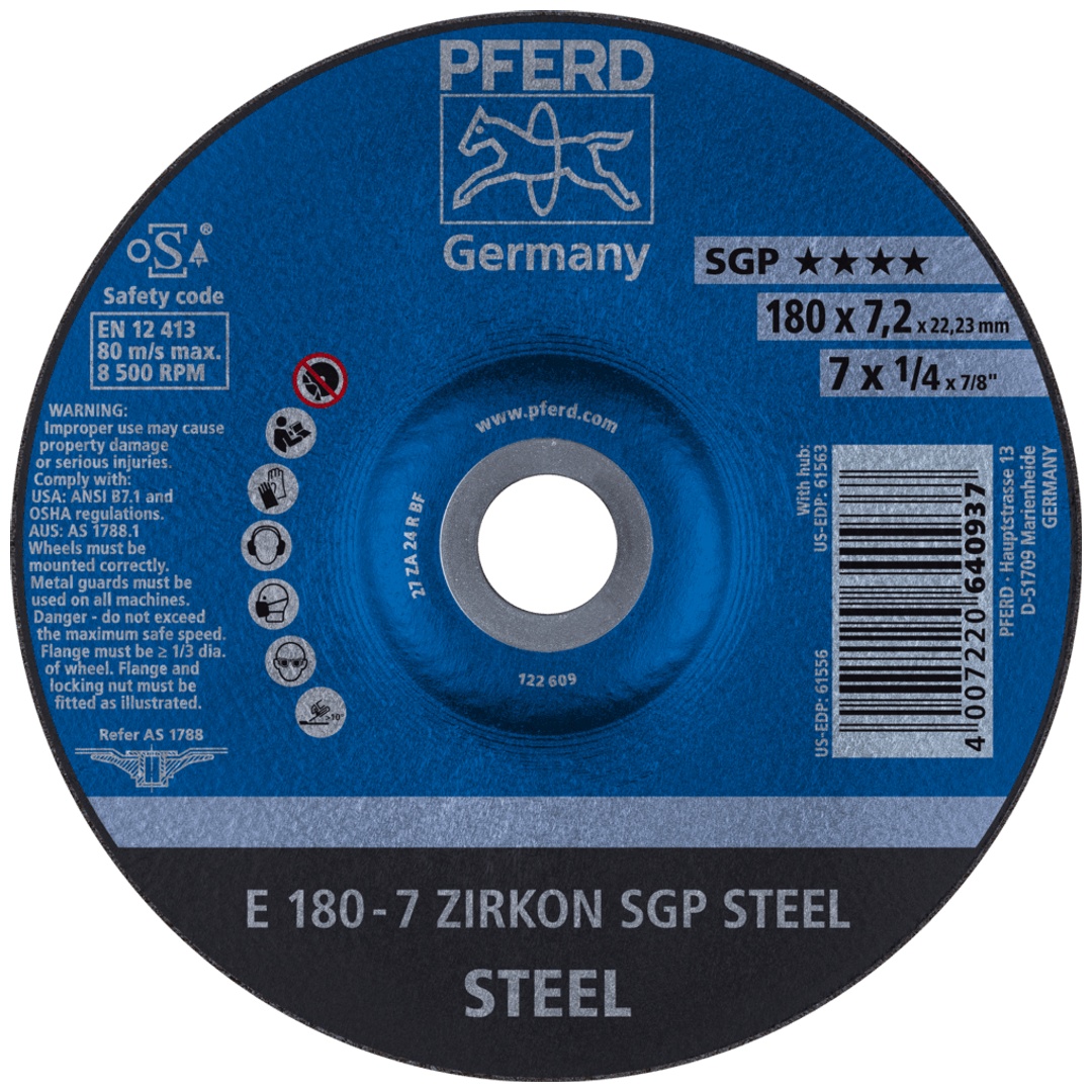 PFERD TOOLS Schruppscheibe E 180x7,2x22,23 mm ZIRKON Speziallinie SGP STEEL für Stahl