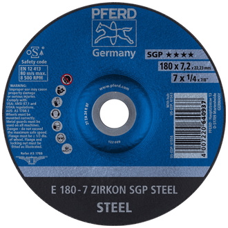 PFERD Schruppscheibe E 180x7,2x22,23 mm ZIRKON Speziallinie SGP STEEL für Stahl