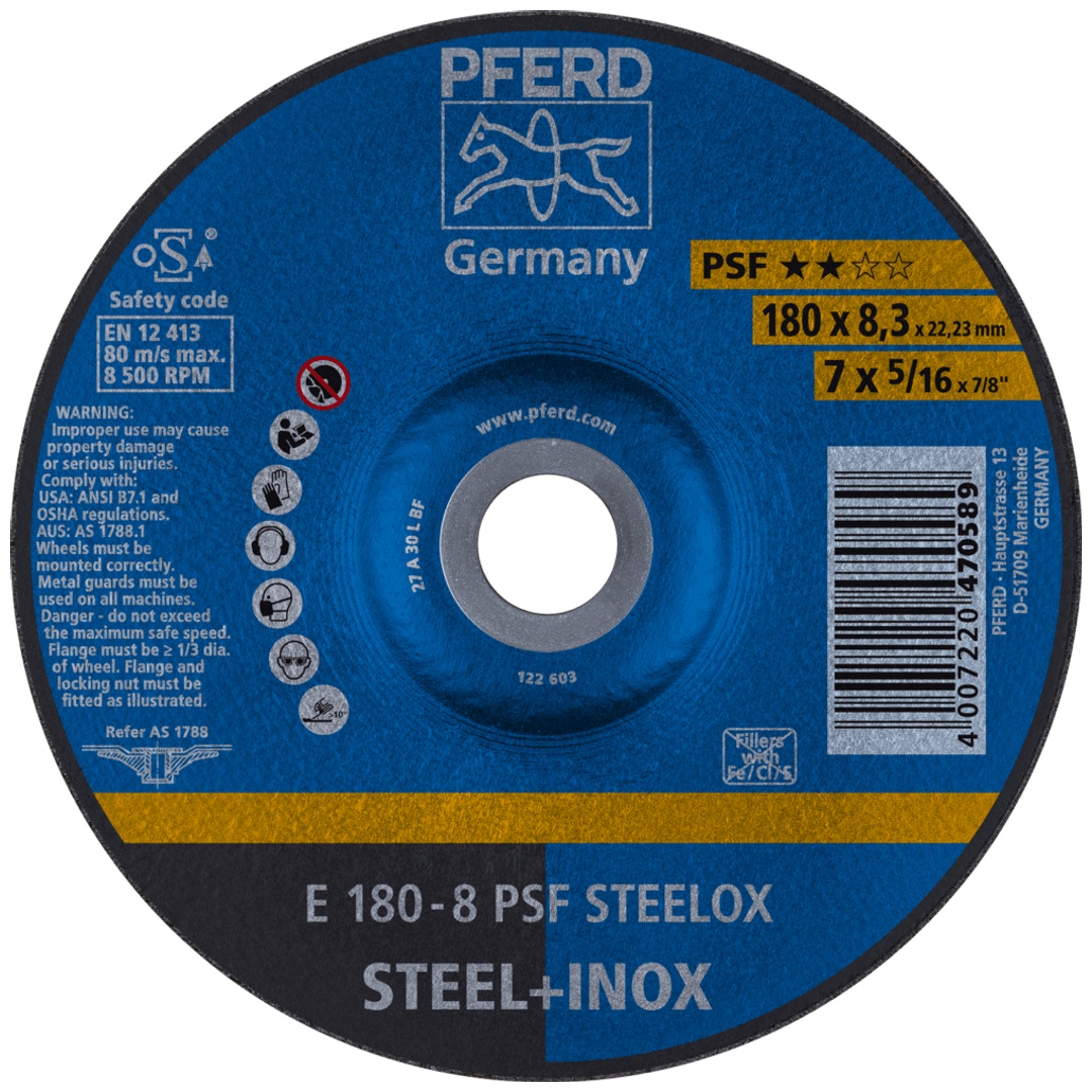 PFERD TOOLS Schruppscheibe E 180x8,3x22,23 mm Universallinie PSF STEELOX für Stahl/Edelstahl