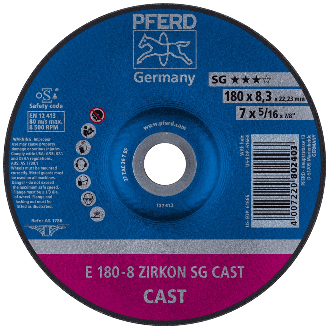 PFERD TOOLS Schruppscheibe E 180x8,3x22,23 mm ZIRKON Speziallinie SGP CAST für Guss