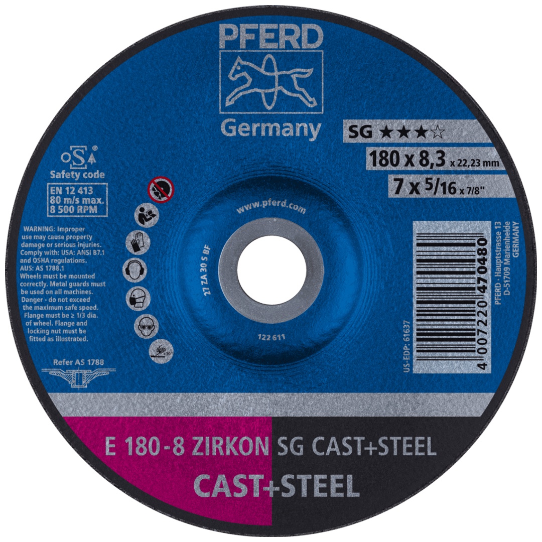PFERD TOOLS Schruppscheibe E 180x8,3x22,23 mm ZIRKON Leistungslinie SG CAST+STEEL für Guss/Stahl