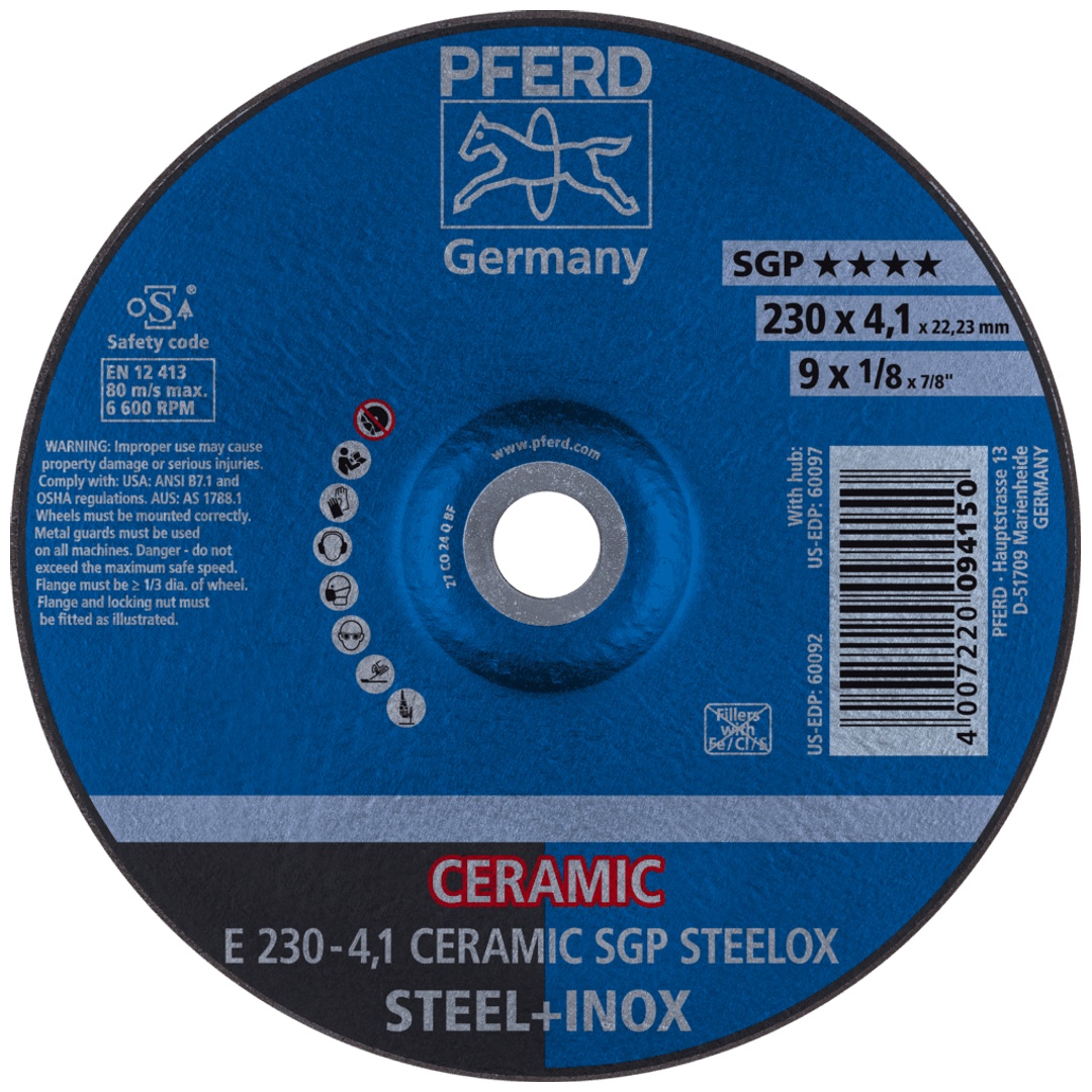 PFERD TOOLS Schruppscheibe E 230x4,1x22,23 mm CERAMIC Leistungslinie SG STEELOX für Stahl/Edelstahl