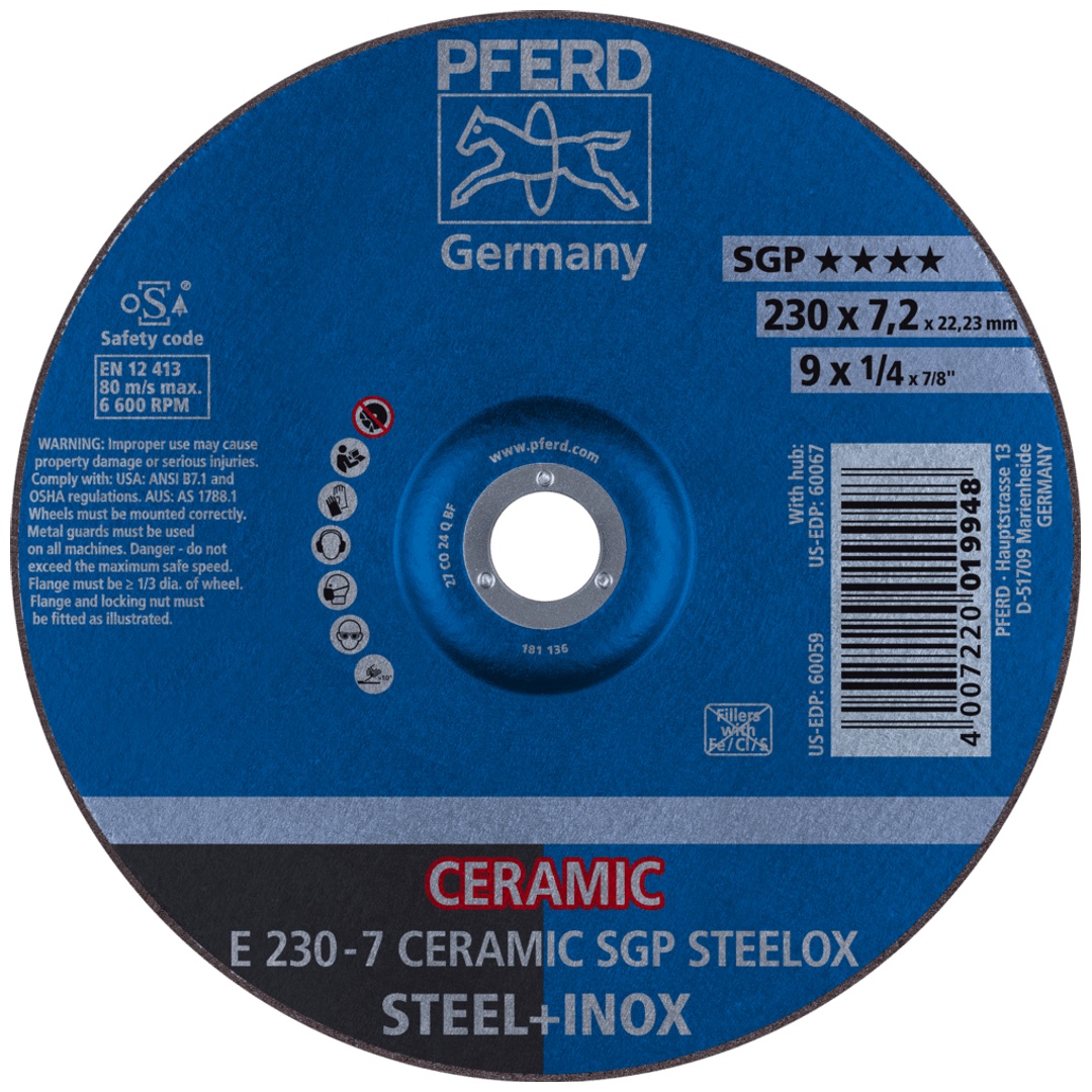 PFERD TOOLS Schruppscheibe E 230x7,2x22,23 mm CERAMIC Leistungslinie SGP STEELOX für Stahl/Edelstahl
