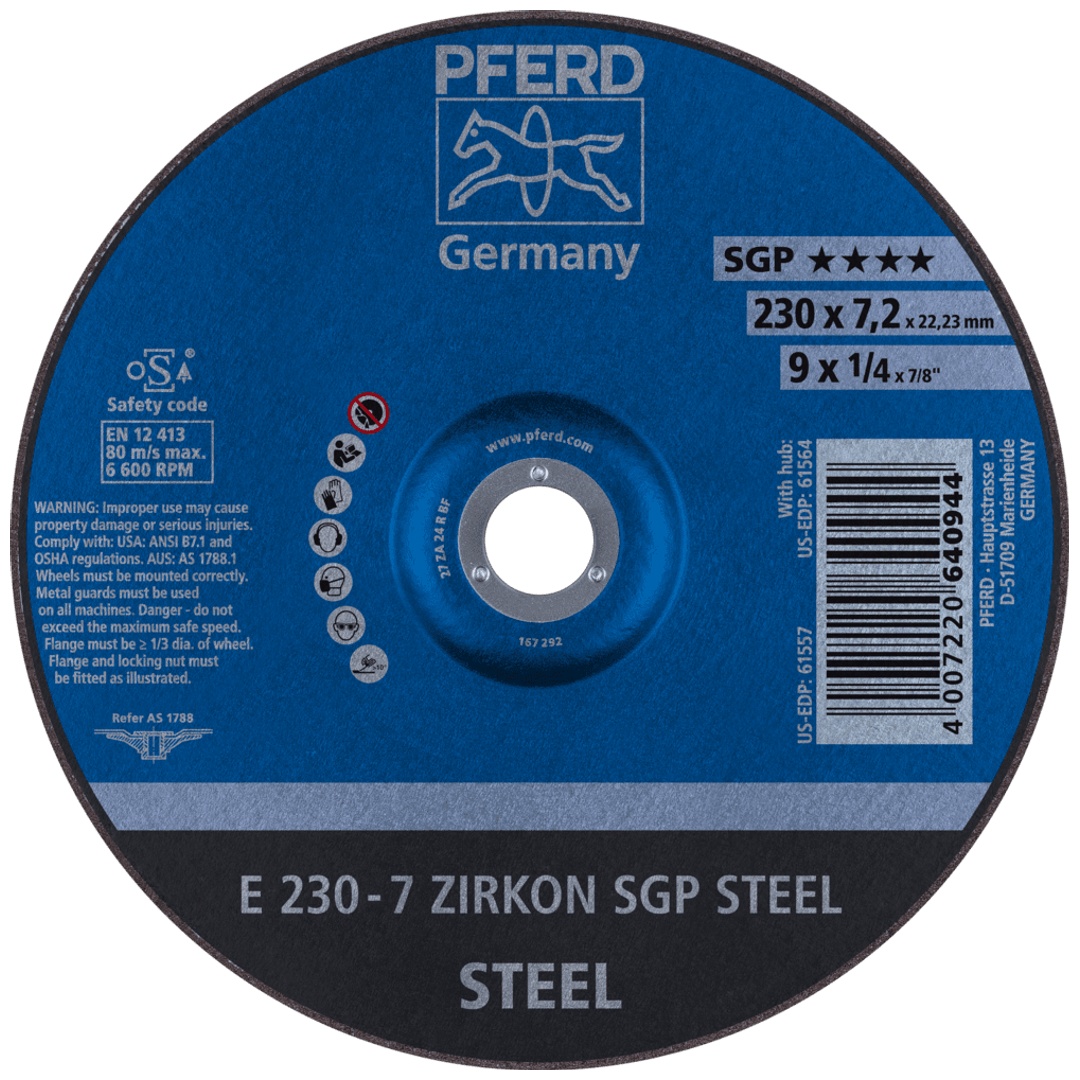 PFERD TOOLS Schruppscheibe E 230x7,2x22,23 mm ZIRKON Speziallinie SGP STEEL für Stahl