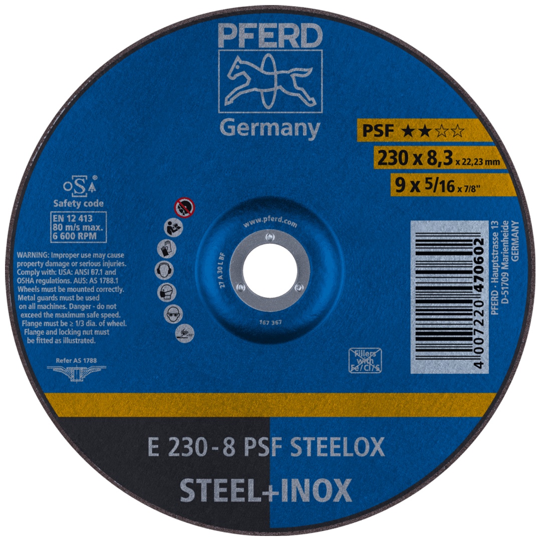 PFERD TOOLS Schruppscheibe E 230x8,3x22,23 mm Universallinie PSF STEELOX für Stahl/Edelstahl