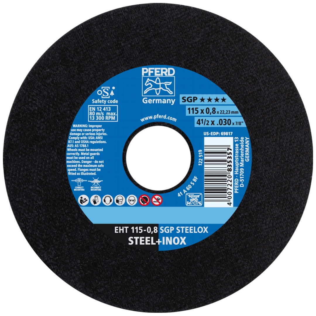 PFERD TOOLS Trennscheibe EHT 115x0,8x22,23 mm gerade Speziallinie SGP STEELOX für Stahl/Edelstahl