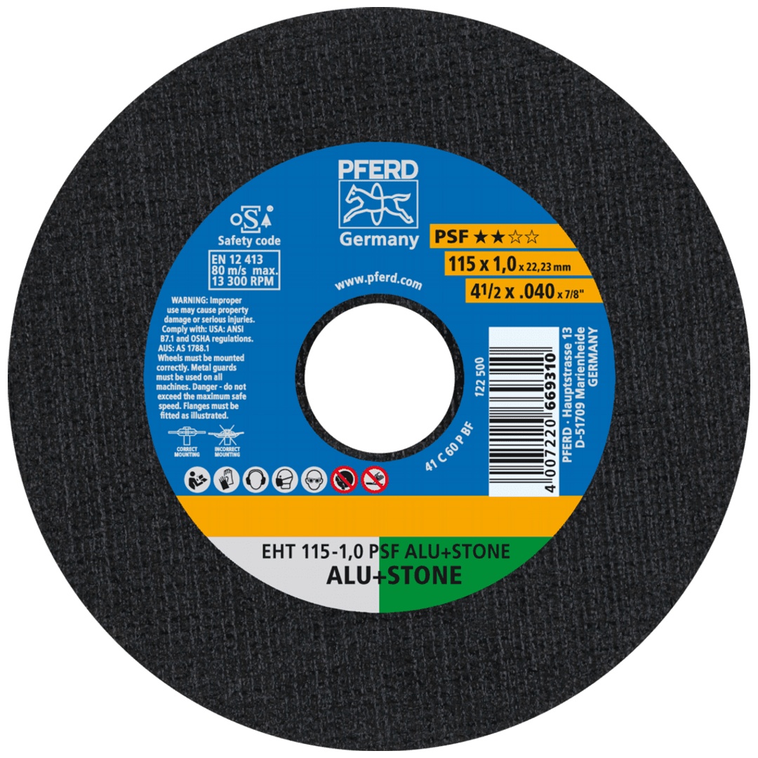 PFERD TOOLS Trennscheibe EHT 115x1,0x22,23 mm gerade Uni.-Linie PSF ALU+STONE für Alu/NE-Met./Stein/PVC
