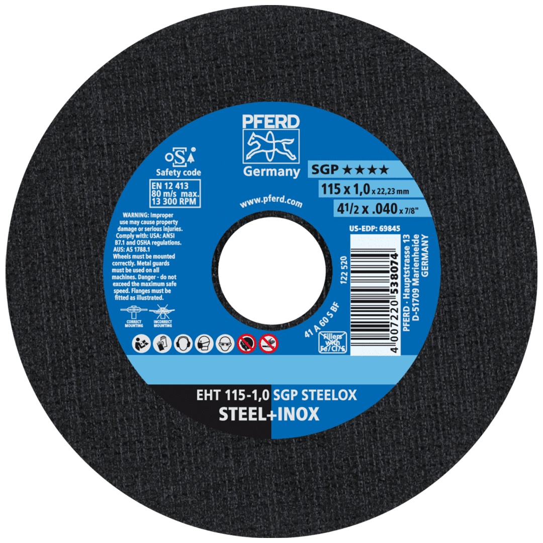 PFERD TOOLS Trennscheibe EHT 115x1,0x22,23 mm gerade Speziallinie SGP STEELOX für Stahl/Edelstahl