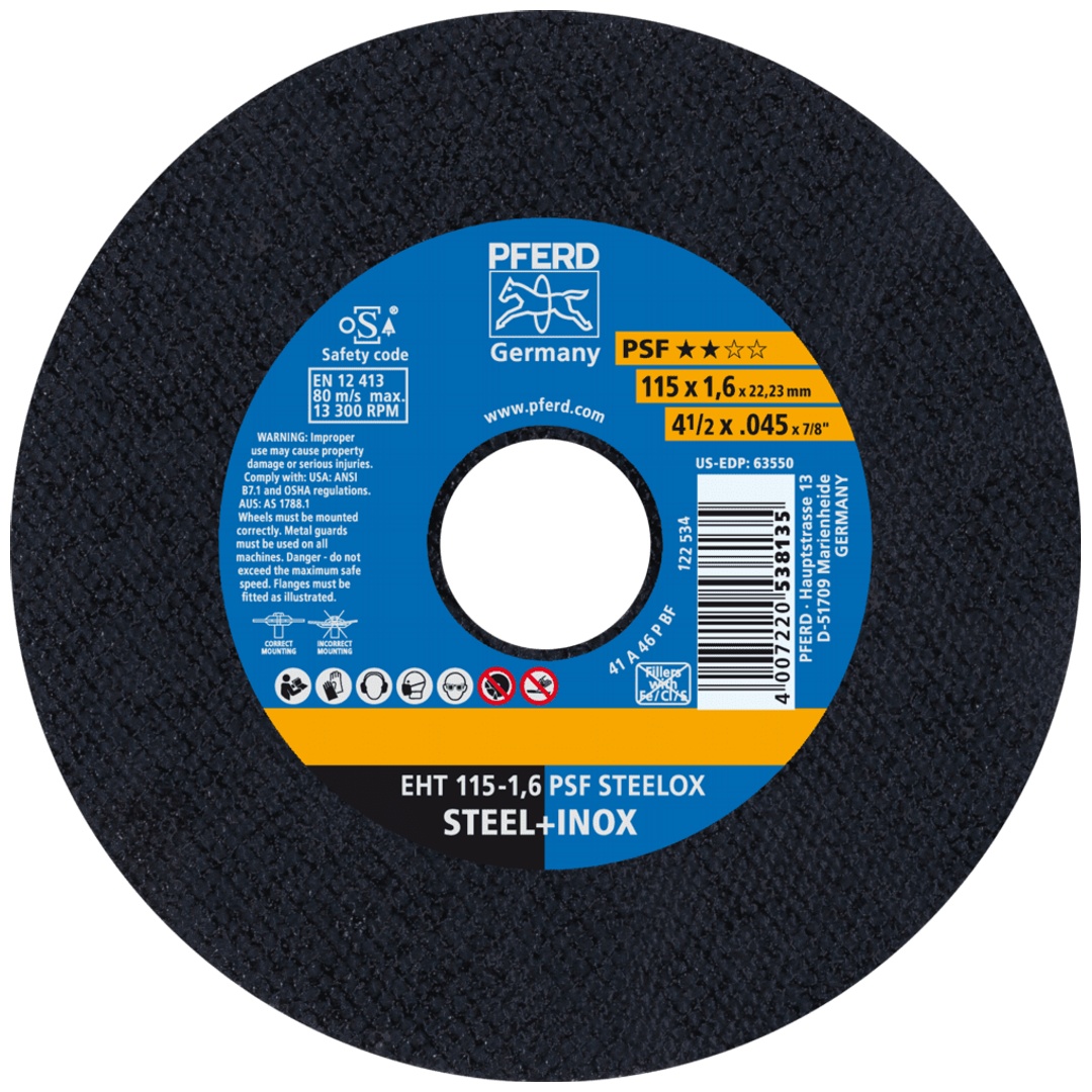 PFERD TOOLS Trennscheibe EHT 115x1,6x22,23 mm gerade Universallinie PSF STEELOX für Stahl/Edelstahl
